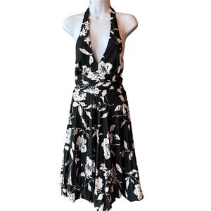 Cache Black White Floral Halter Bubble Hem Midi Dress Size 2